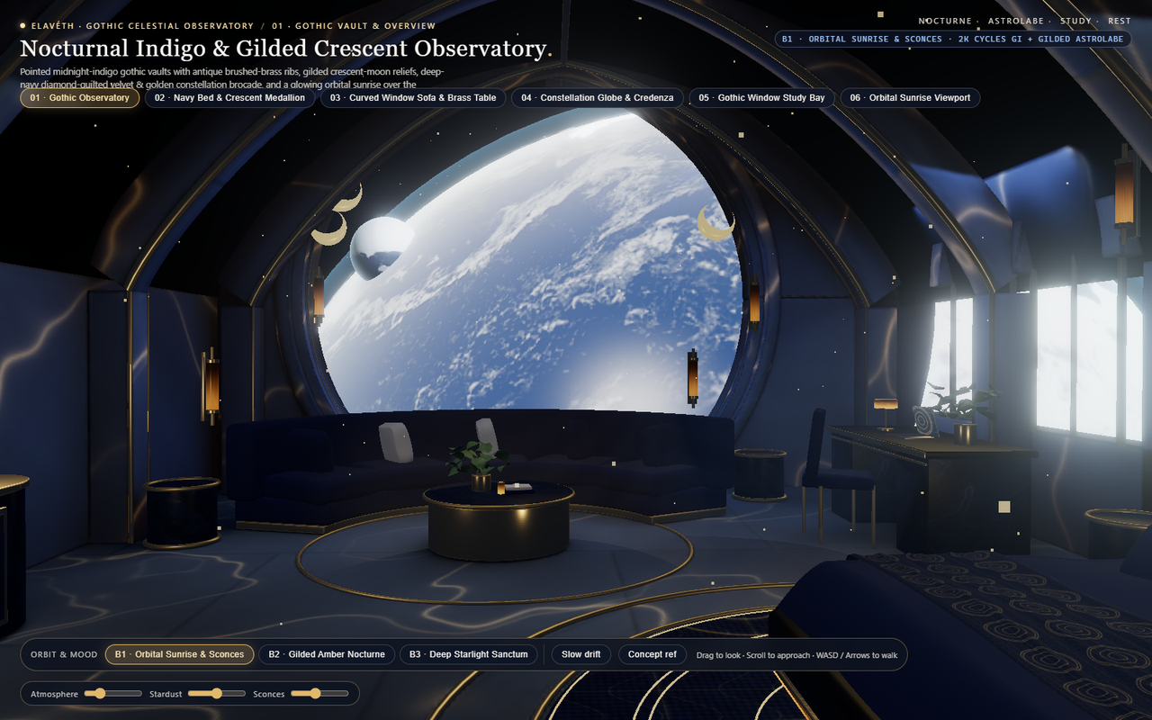 Room 04 — Nocturnal Indigo & Gilded Crescent Gothic Observatory