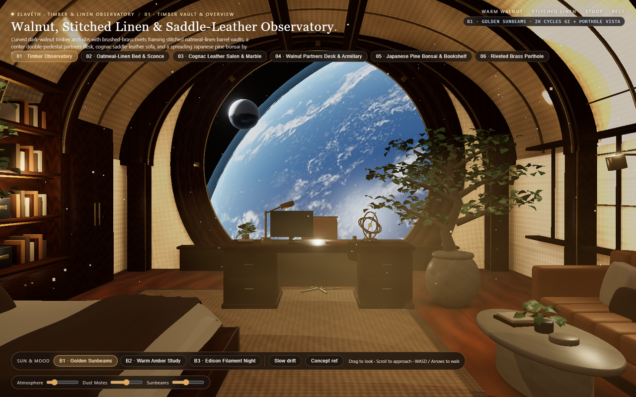 Room 07 — Warm Walnut, Stitched Linen & Saddle-Leather Observatory